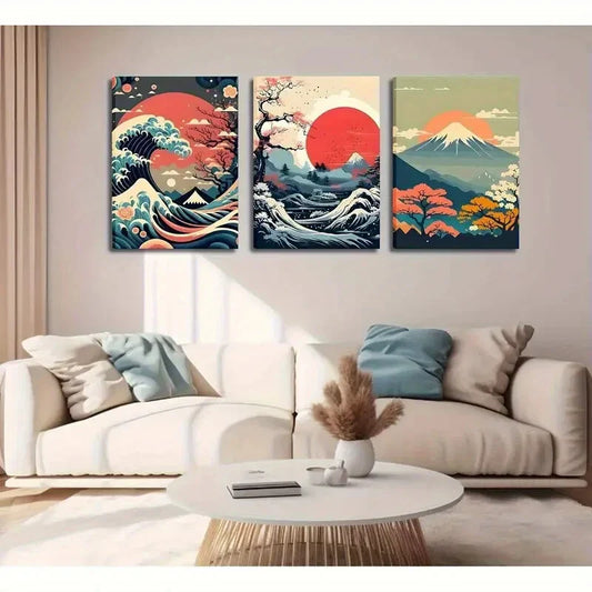 3pcs Kanagawa Giant Wave, Mount Fuji & Cherry Metal Print Ready to Hang Art
