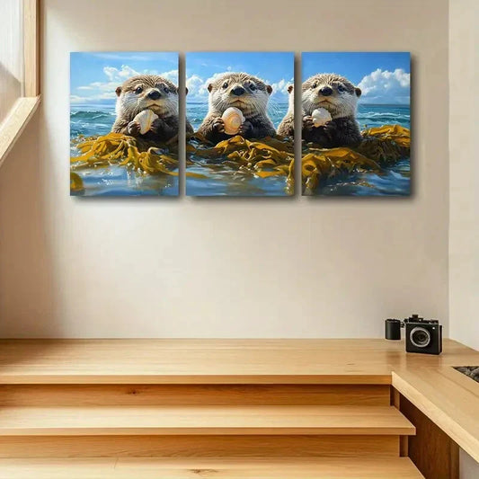 3pcs Three Lovely Otters with Shells Metal Print Ready to Hang Art