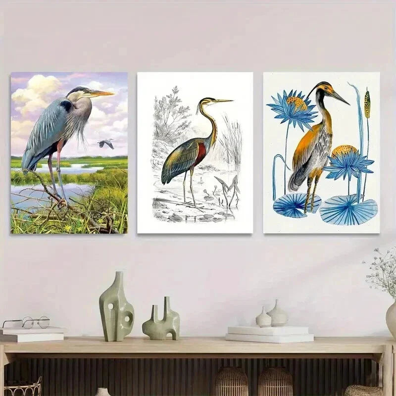 3pcs Herons in Nature Landscape Modern Wall Art Set Canvas Framed 40x60cm - High Quality Print 100% Australian Made Wall Canvas Ready to Hang