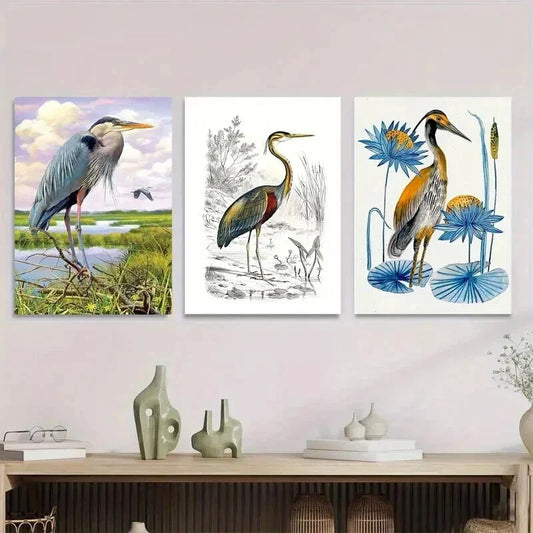 3pcs Herons in Nature Landscape Modern Wall Art Set Canvas Framed 40x60cm - High Quality Print 100% Australian Made Wall Canvas Ready to Hang