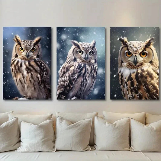 3pcs Owl Snow Scene Embossed Relief Metal Print Ready to Hang Art