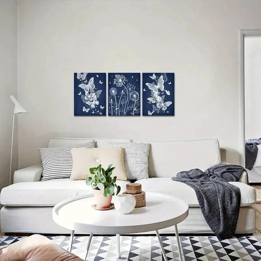 3pcs  Blue Butterfly & Dandelion , Navy Blue   Metal Print Ready to Hang Art