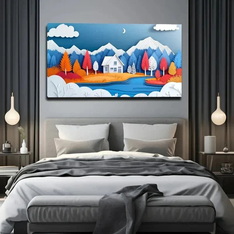 Vibrant Mountain Landscape Tree Wall Art Canvas Office Home Room Framed 120x60cm