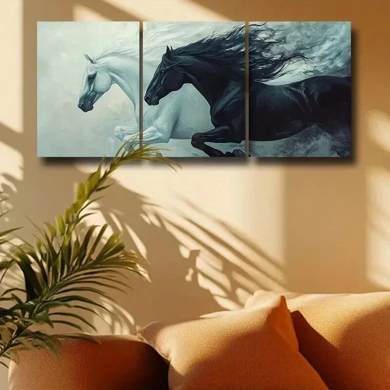 3pcs Two Black and White Horses Running Metal Print Ready to Hang Art