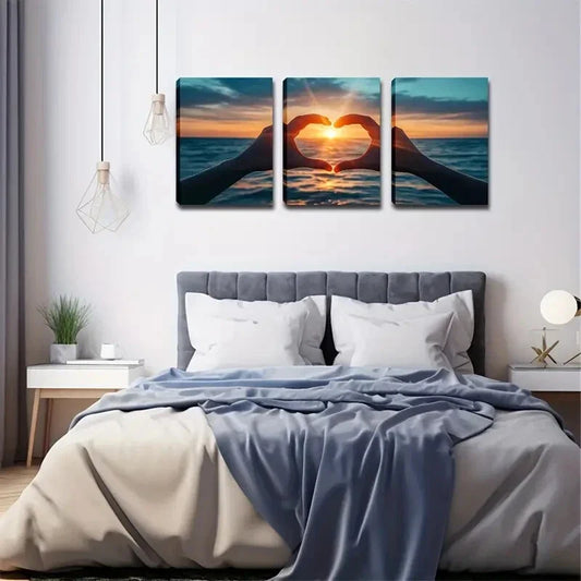 3pcs Hands Forming Heart Silhouette at Sunset Metal Print Ready to Hang Art