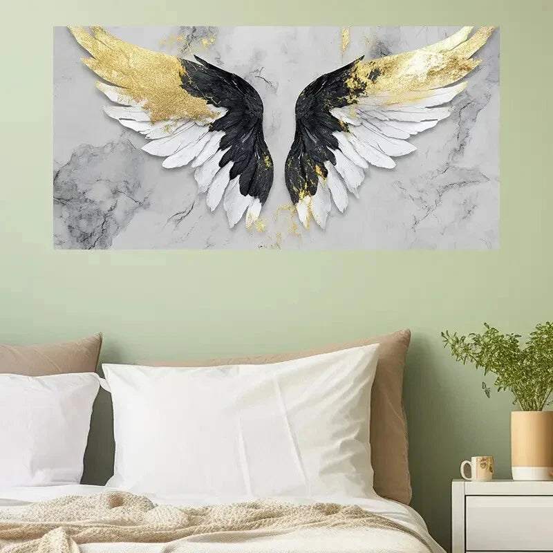 Black Yellow & White Winged Wall Art Canvas Office Home Room Framed 120x60cm