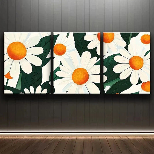 3pcs Daisy Flower Bright Yellow Hearts And Green Metal Print Ready to Hang Art