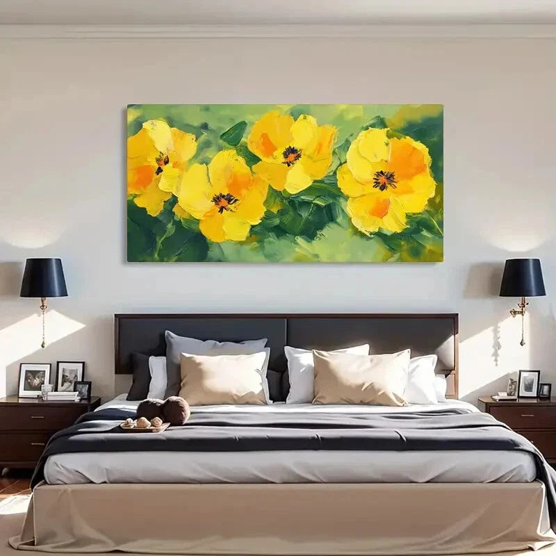 Yellow Flowers Green Foliage Wall Art Canvas Office Home Room Framed 120x60cm