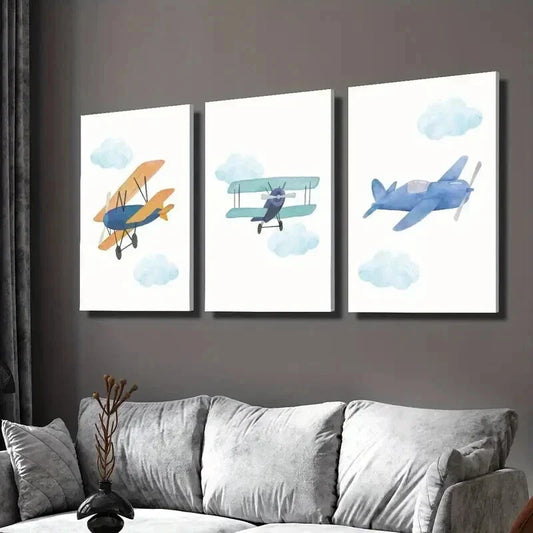 3pcs Blue & Green Cartoon Plane Prints Wall Art Set Canvas Framed 40x60cm - High Quality Print 100% Australian Made Wall Canvas Ready to Hang
