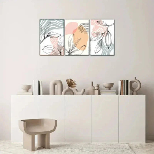 3pcs Line Leaves Decorative Poster Minimalist Metal Print Ready to Hang Art