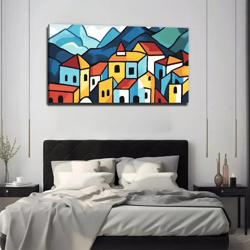Colorful Houses In Blue Yellow Wall Art Canvas Office Home Room Framed 80x45cm