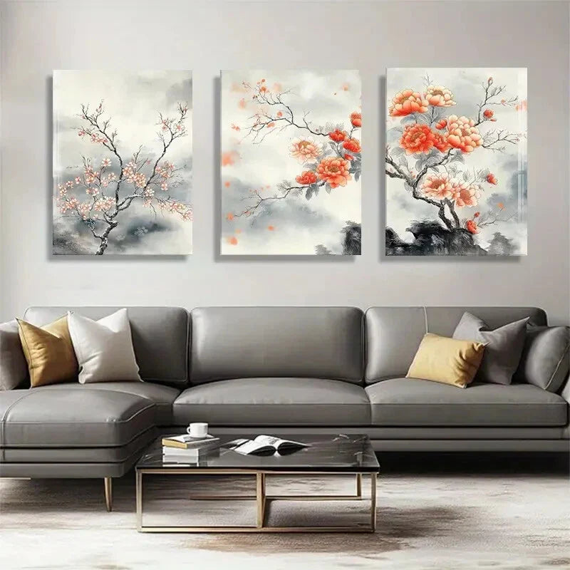 3pcs Chinese Peach And Cherry Blossom Artwork Metal Print Ready to Hang Art