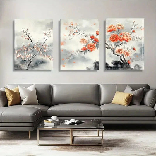 3pcs Chinese Peach And Cherry Blossom Artwork Metal Print Ready to Hang Art