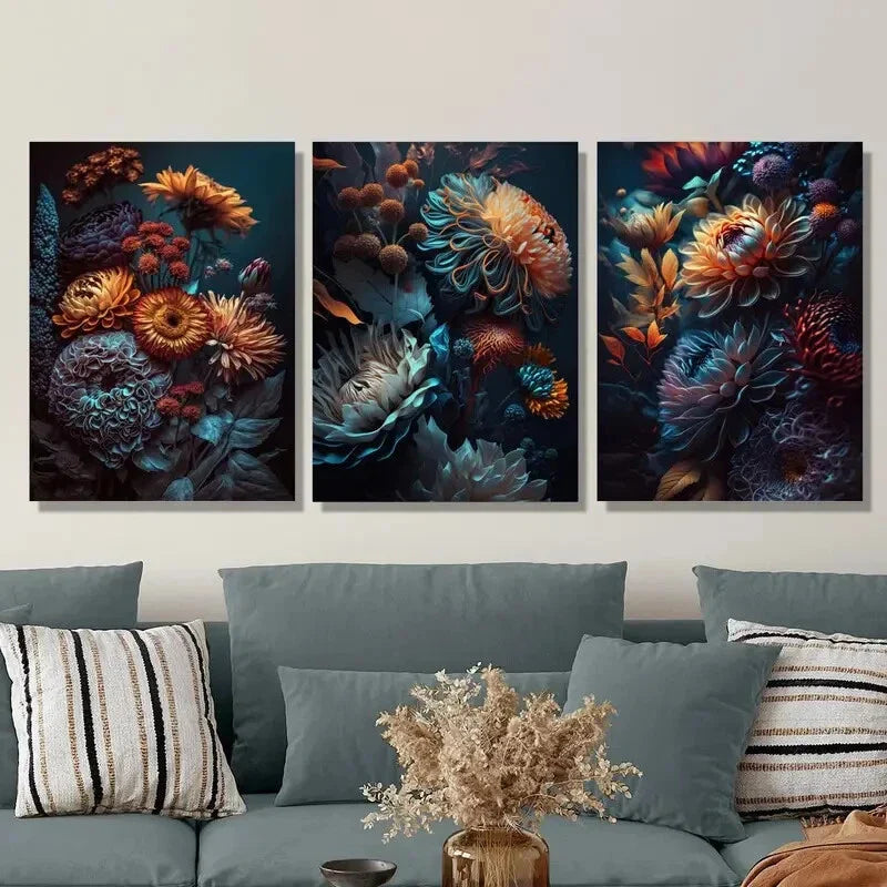 3pcs gorgeous chrysanthemums, colorful Metal Print Ready to Hang Art