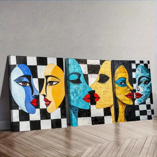 3pcs Two Strange Faces Looking At Each Other Wall Art Set Canvas Framed 40x60cm - High Quality Print 100% Australian Made Wall Canvas Ready to Hang