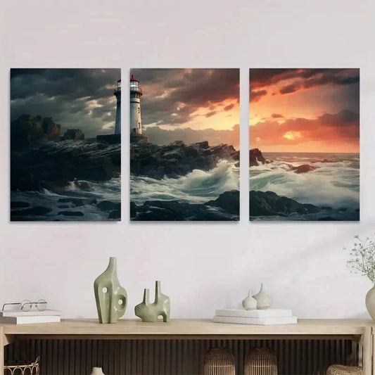 3pcs Stormy Sea Lighthouse Triptych Metal Print Ready to Hang Art