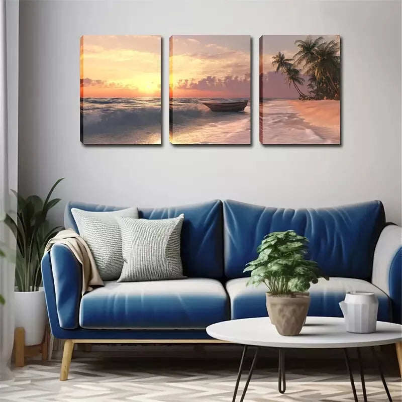 3pcs  Tropical Seascape with Palm Trees & Rowboat Wall Art Set Canvas Framed 40x60cm - High Quality Print 100% Australian Made Wall Canvas Ready to Hang