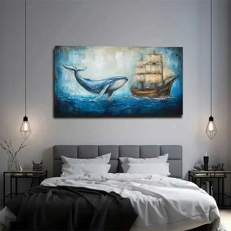 Nautical Adventure Whale Ship Wall Art Canvas Office Home Room Framed 120x60cm
