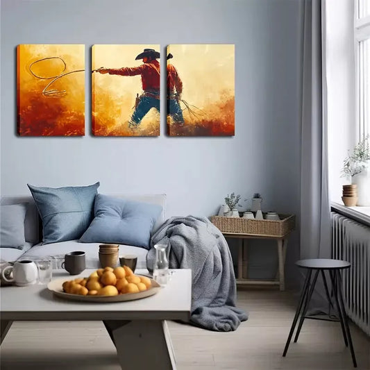 3pcs Western Cowboy with Rope  Wall Art Set Canvas Framed 40x60cm - High Quality Print 100% Australian Made Wall Canvas Ready to Hang