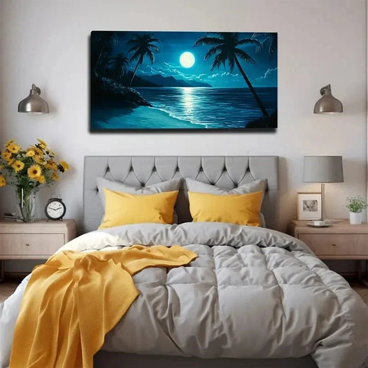 Tropical Beach Night Wall Art Canvas Office Home Room Framed 80x45cm