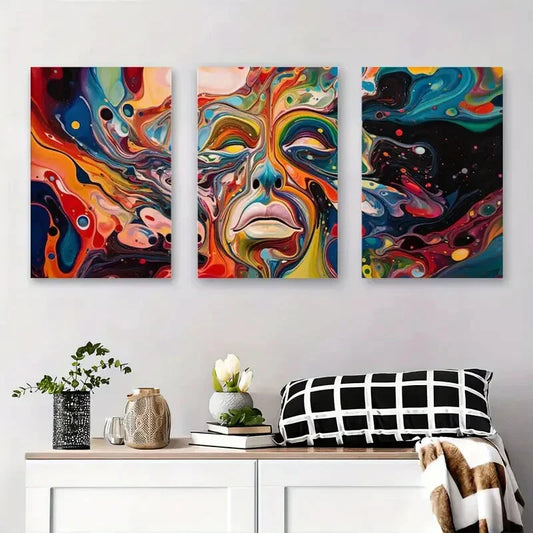 3pcs Abstract Face with Colorful Swirls Metal Print Ready to Hang Art