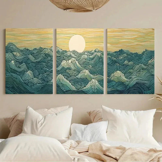 3pcs Moon & Ocean Waves Japanese Vibrant Metal Print Ready to Hang Art