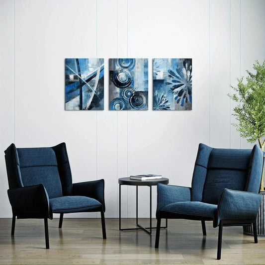 3pcs Navy Blue Abstract Flowers Geometric Circle Metal Print Ready to Hang Art