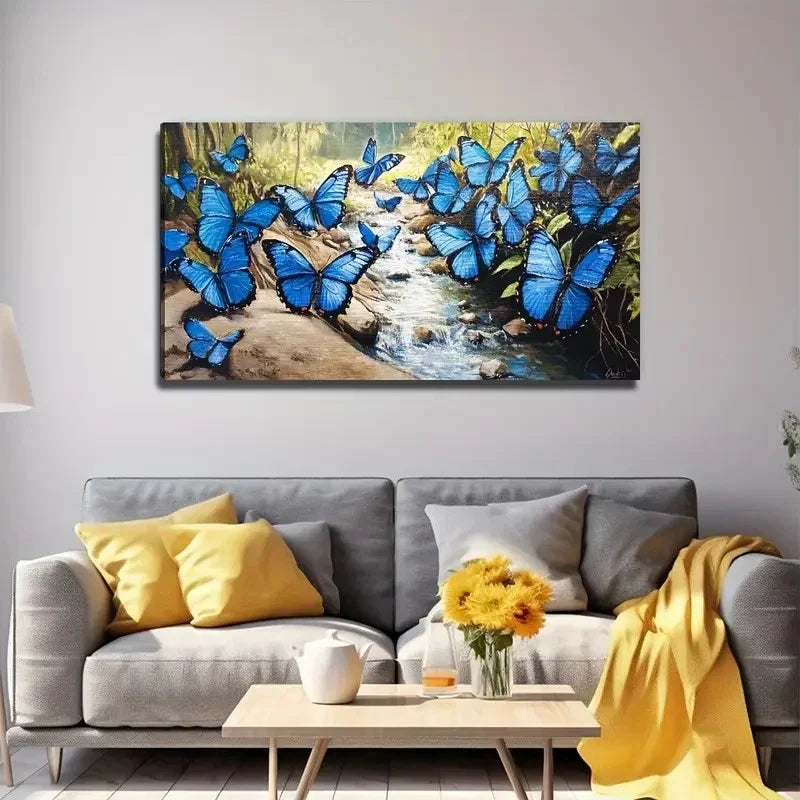 Blue Butterflies Wall Art Canvas Office Home Room Framed 120x60cm