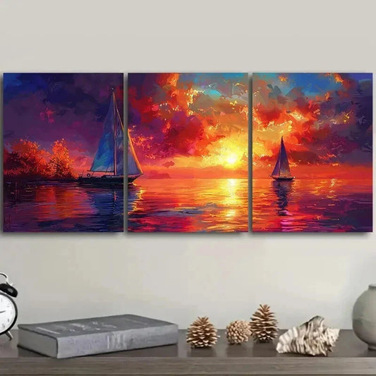 3pcs Little White Boats on Ocean at Sunset Wall Art Set Canvas Framed 40x60cm - High Quality Print 100% Australian Made Wall Canvas Ready to Hang