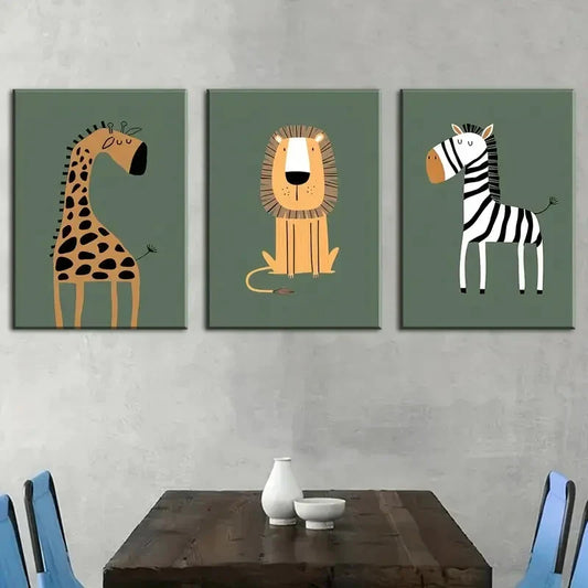 3pcs Featuring a Giraffe, Lion, And Zebra Metal Print Ready to Hang Art