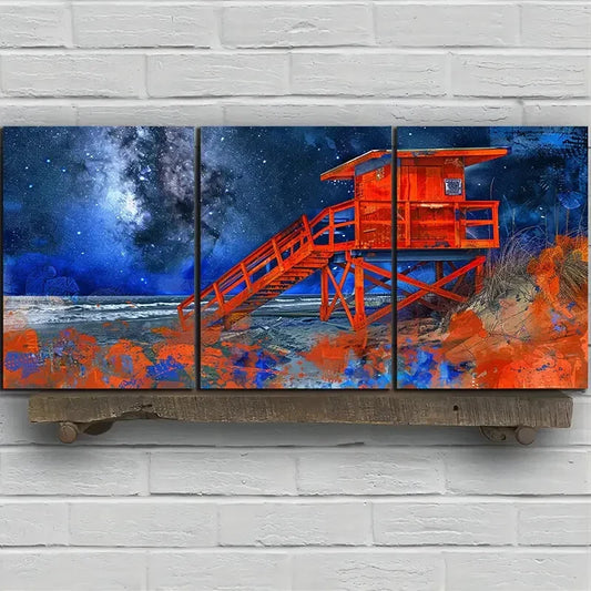 3pcs Beach Orange Wood House Night Sky Metal Print Ready to Hang Art