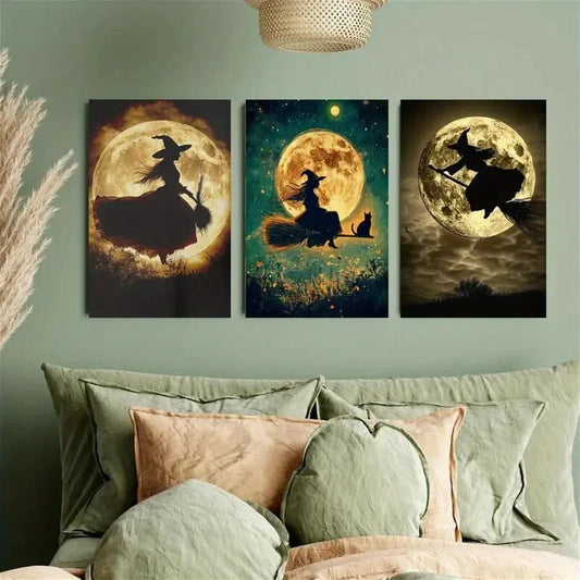 3pcs Witch and Black Cat Metal Print Ready to Hang Art