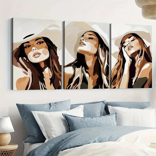 3pcs Cowgirl Classic Modern Style Figures Gray White Wall Art Set Canvas Framed 40x60cm - High Quality Print 100% Australian Made Wall Canvas Ready to Hang