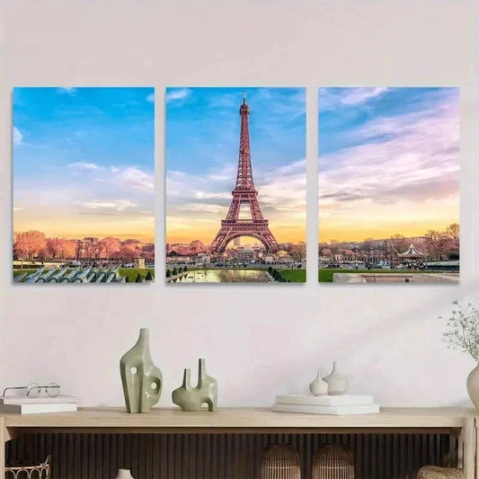 3pcs Eiffel Tower Triptych Classic Landscape Wall Art Set Canvas Framed 40x60cm - High Quality Print 100% Australian Made Wall Canvas Ready to Hang