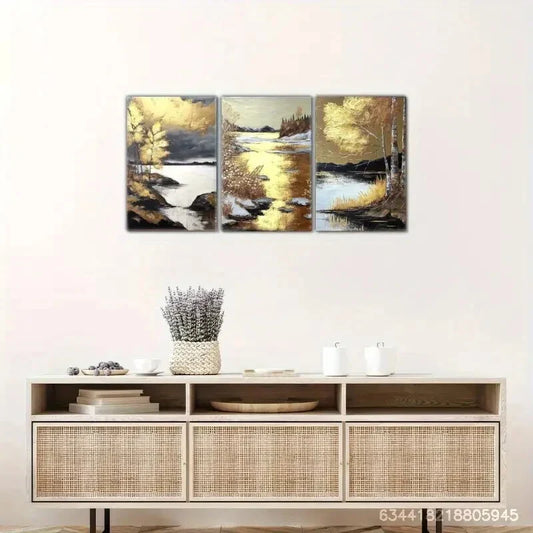 3pcs Golden Shine, Golden Birch And Golden Beauty Metal Print Ready to Hang Art