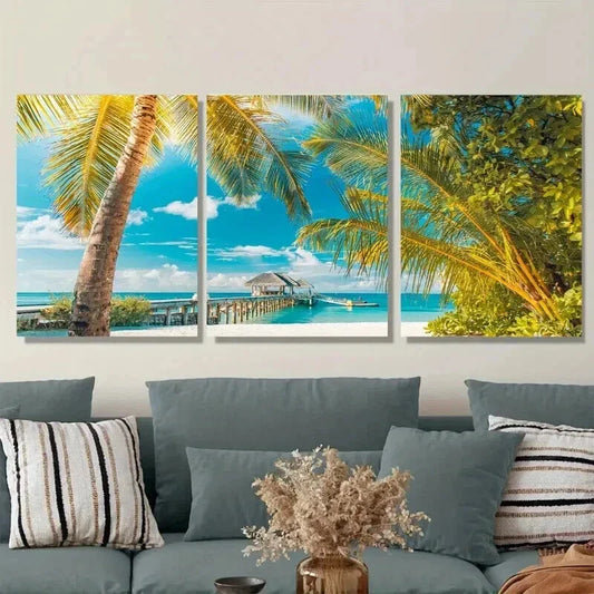 3pcs Beach Paradise Triptych Tropical Ocean Wall Art Set Canvas Framed 40x60cm - High Quality Print 100% Australian Made Wall Canvas Ready to Hang