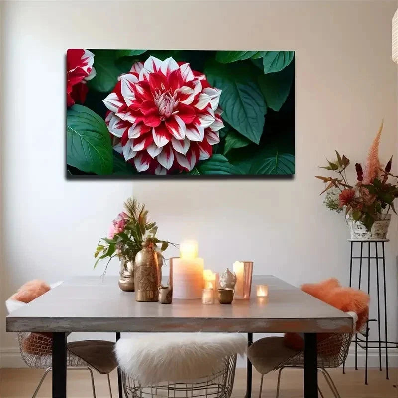 Dahlia Flower Print In Red Wall Art Canvas Office Home Room Framed 80x45cm
