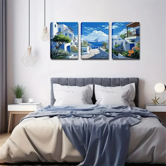3pcs   Beautiful Scenery Of Santorini Island Wall Art Set Canvas Framed 40x60cm - High Quality Print 100% Australian Made Wall Canvas Ready to Hang