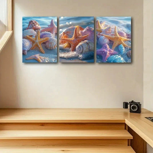 3pcs Colorful Seashell & Starfish Beach Scene Metal Print Ready to Hang Art