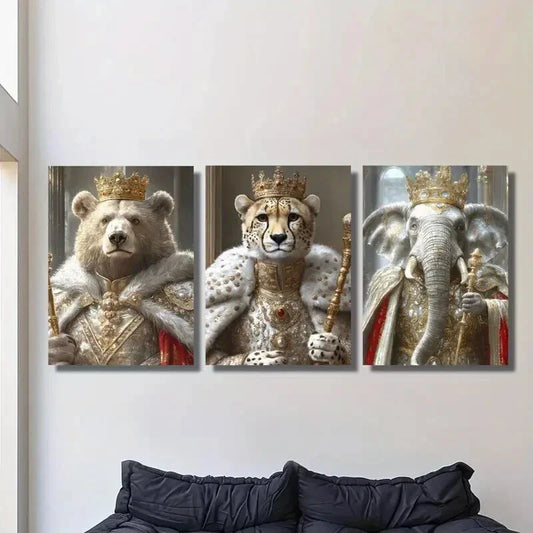 3pcs Bear and cheetah elephant wearing crown Metal Print Ready to Hang Art