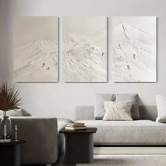 3pcs Snowy Mountain Peaks with Skiers Metal Print Ready to Hang Art