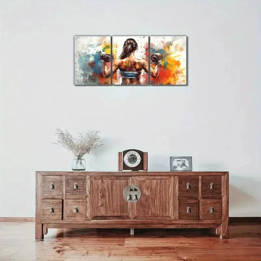 3pcs Stylish Girl Lifting Dumbbells Oil Painting Metal Print Ready to Hang Art