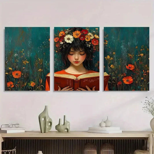 3pcs Vibrant Teal Background with Orange Poppies Metal Print Ready to Hang Art