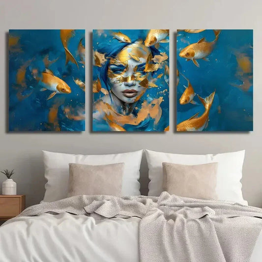 3pcs Abstract Fish Girl Golden And Blue Koi Girl Metal Print Ready to Hang Art