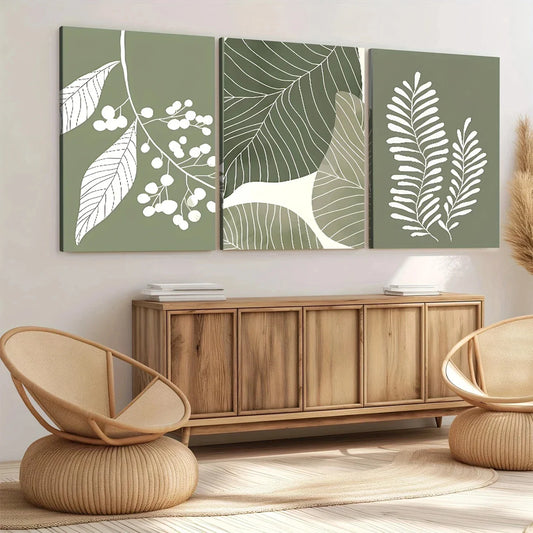 3pcs Bohemian Style Sage Green Plant Leaves Wall Art Set Canvas Framed 40x60cm - High Quality Print 100% Australian Made Wall Canvas Ready to Hang