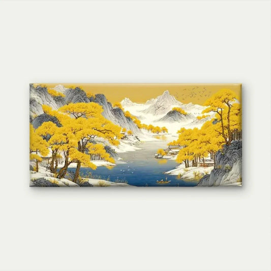 Yellow Trees & Snowy Mountains Wall Art Canvas Office Home Room Framed 80x45cm