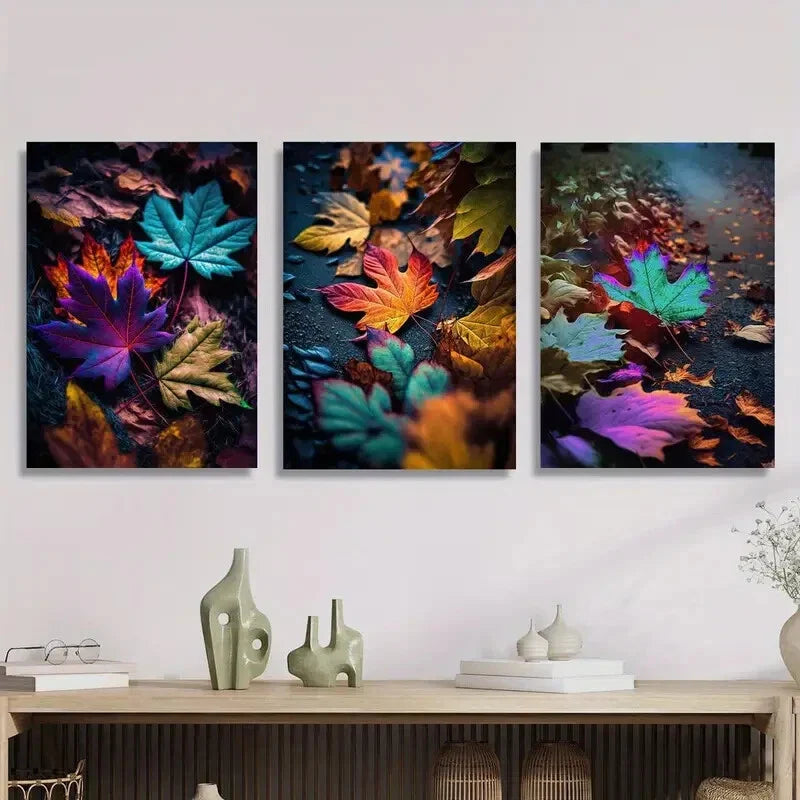 3pcs Colorful autumn leaves, maple leaf,Metal Print Ready to Hang Art (