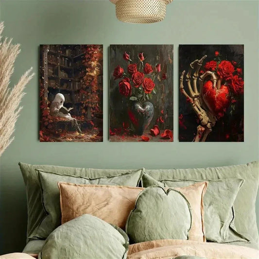 3pcs Red Roses and Skeletons Metal Print Ready to Hang Art
