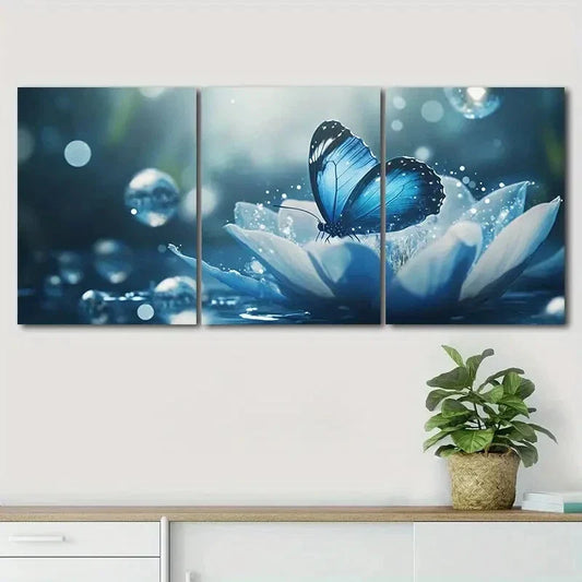 3pcs Vibrant Blue Butterfly on White Lotus Perfect Wall Art Set Canvas Framed 40x60cm - High Quality Print 100% Australian Made Wall Canvas Ready to Hang