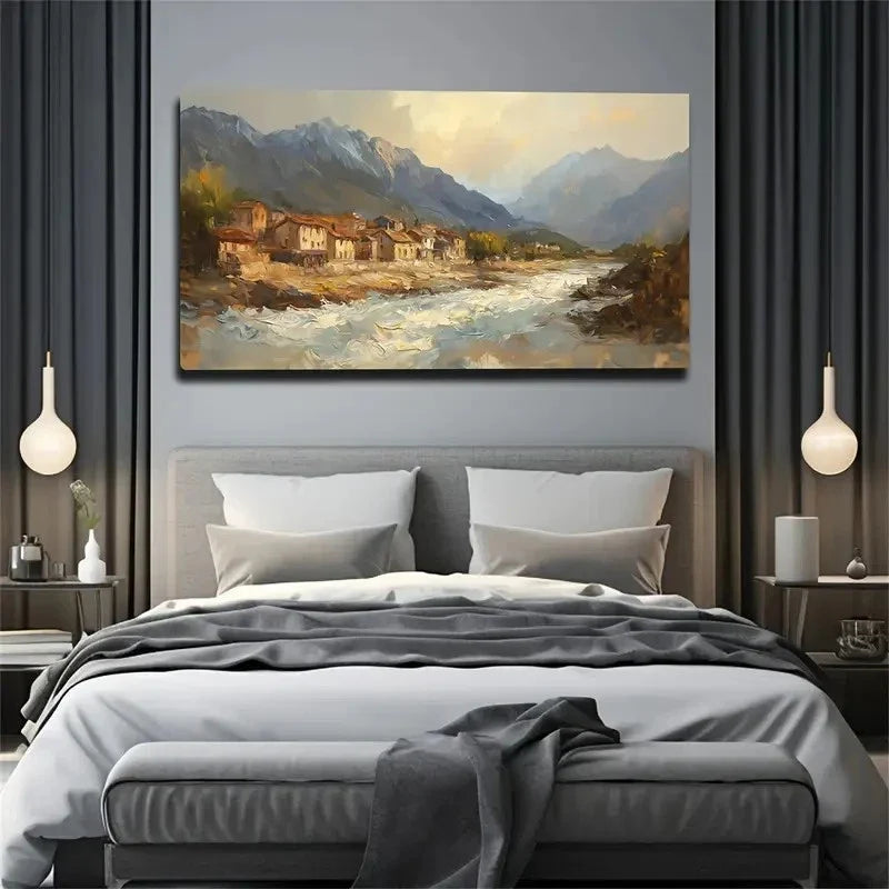 Small House By The River Wall Art Canvas Office Home Room Framed 120x60cm